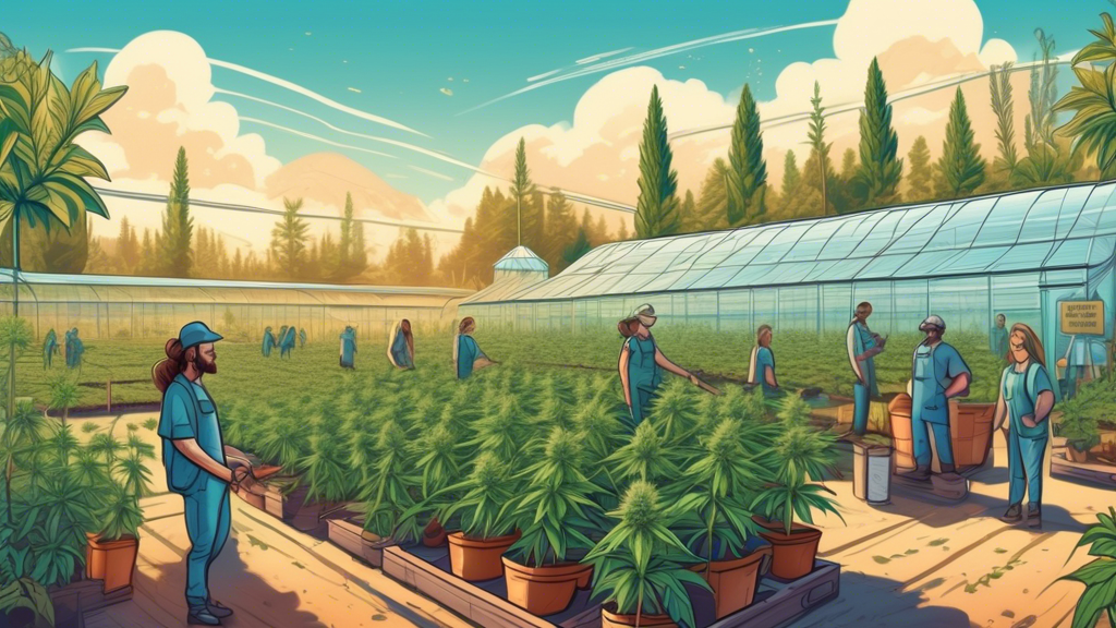 Create a detailed illustration of a thriving California cannabis farm under a clear blue sky, with healthy, vibrant plants. In the background, show eco-friendly greenhouses and diverse workers happily