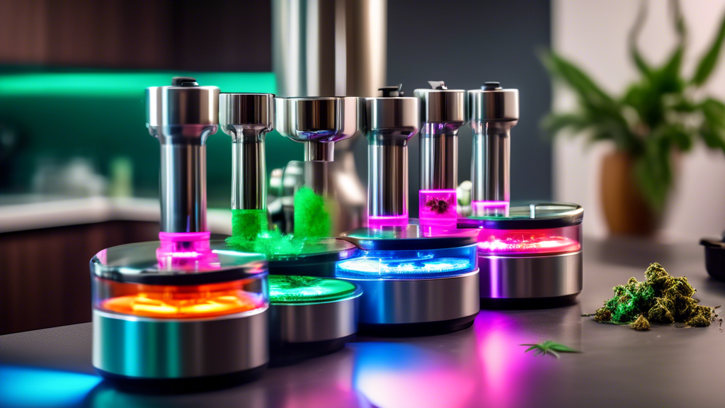 High-resolution image of a sleek, modern kitchen countertop adorned with various high-tech electric marijuana grinders in vibrant colors. The grinders are designed with futuristic LED displays and erg