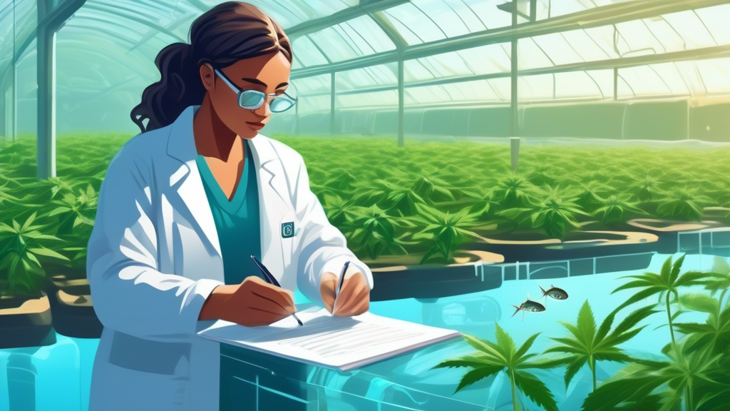 Create an image depicting a serene aquaculture farm with clear, blue water tanks where fish are swimming peacefully. In the background, illustrate a lush green area with mature cannabis plants growing