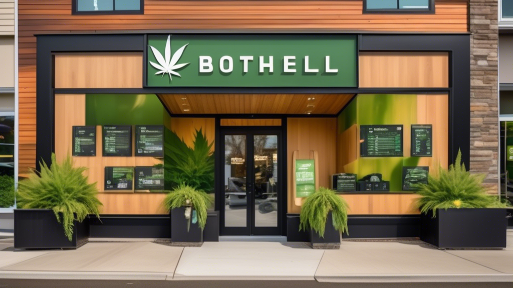 Create an image of a trendy, modern marijuana dispensary in Bothell, Washington. The exterior features stylish signage with a cannabis leaf logo, and the storefront has large windows showcasing a welc