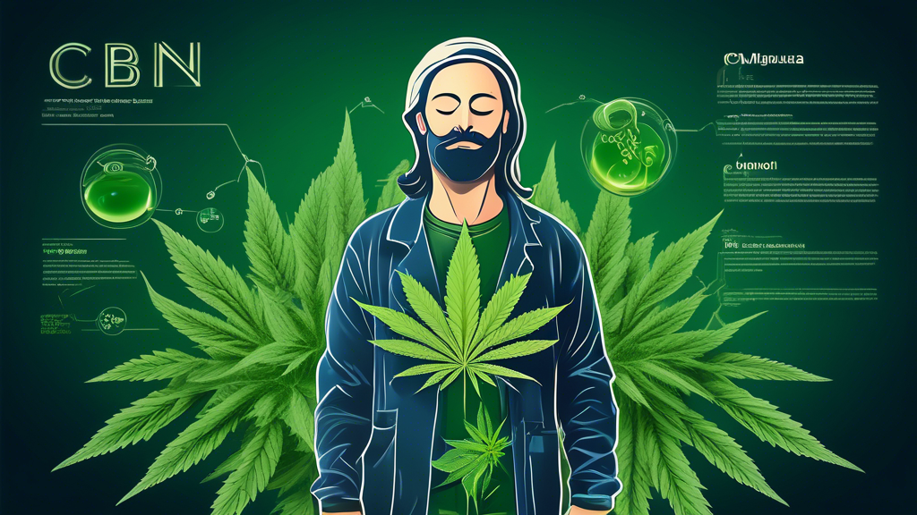 Create an image depicting the chemical compound CBN (Cannabinol) in marijuana, showcasing its benefits and uses. The scene should include a detailed cannabis plant, a molecular diagram of CBN, and vis