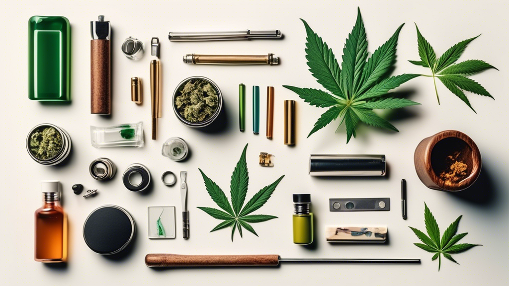 Create an image of a neatly organized flat lay showcasing essential marijuana paraphernalia. Include items like various types of pipes, rolling papers, a grinder, a lighter, a stash jar, a rolling tra