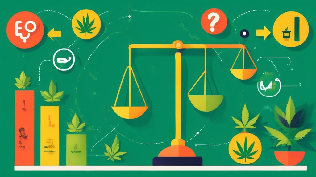 Create an image of a balanced scale, with one side depicting the benefits of marijuana legalization through vibrant icons such as medical symbols, economic growth graphs, and happy, relaxed individual