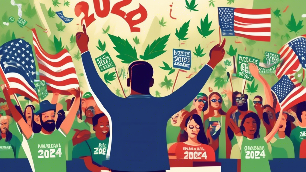 Create an image depicting a modern political rally with diverse supporters holding colorful signs advocating for marijuana legalization. The backdrop includes prominent banners with slogans like Legal