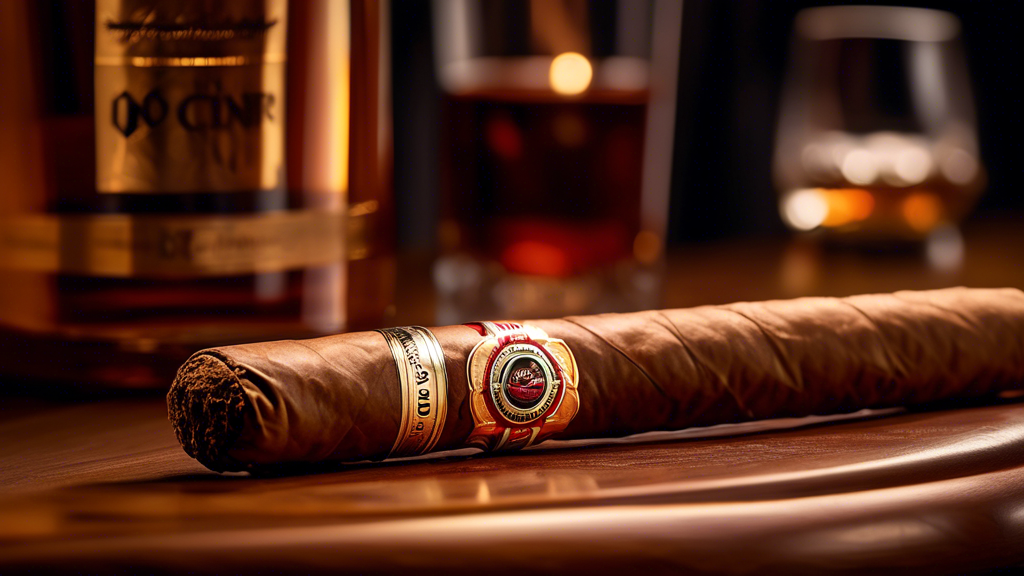 Create an image of an elegant cigar lounge setting with a close-up of a HVC Selection No.1 Connecticut Short Robusto cigar placed on a polished wooden table. The cigar should have a detailed band show