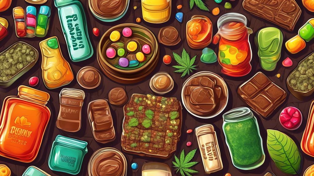 Create a detailed illustration showcasing a variety of marijuana edibles arranged neatly on a wooden table. Include items like gummy bears, brownies, chocolate bars, lollipops, and infused drinks. Emp