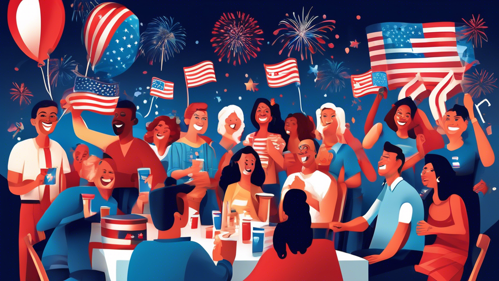 Create an image depicting a lively quiz night setting, with a diverse group of people enthusiastically participating. The background showcases patriotic decor with elements like American flags, bald e