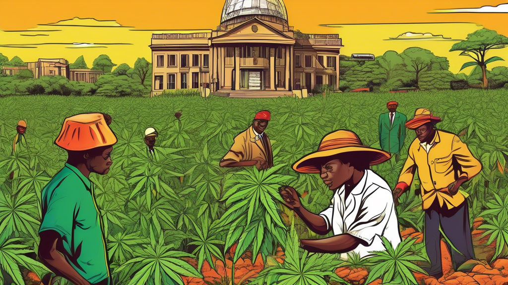 Create an image showcasing the changing landscape of marijuana legislation in Zimbabwe. Highlight government buildings and officials discussing policies, traditional Zimbabwean farmers cultivating mar