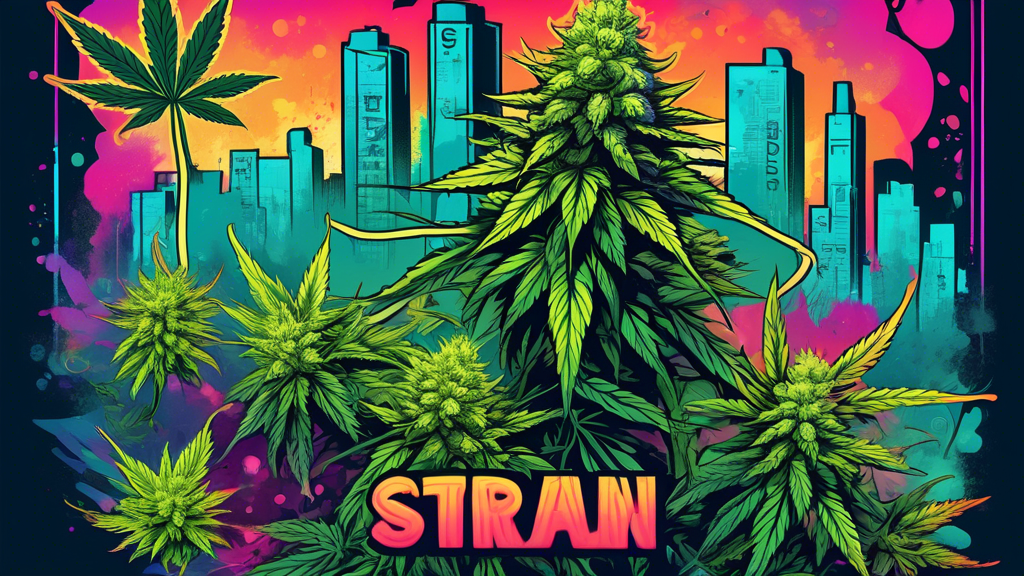 An illustration of a vibrant cannabis plant with glowing buds, emitting a faint mist, set against an urban backdrop. Include a stylish, modern label with the text 'Stank Breath Strain' in bold, graffi