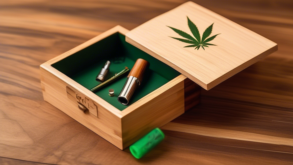 Create an image of a stylish, modern marijuana one hitter box on a wooden table. The box should be partially open to reveal the one hitter pipe and a small compartment for ground cannabis. Surrounding