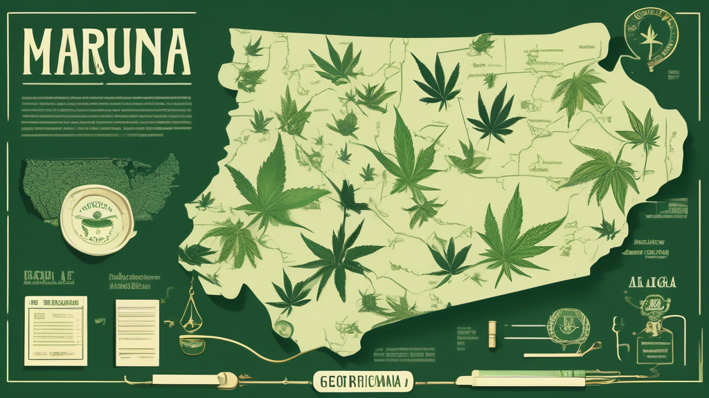 Create an image that visually represents the current state of marijuana laws and regulations in Georgia. Include elements such as the state of Georgia map, scales of justice, cannabis leaves, and lega