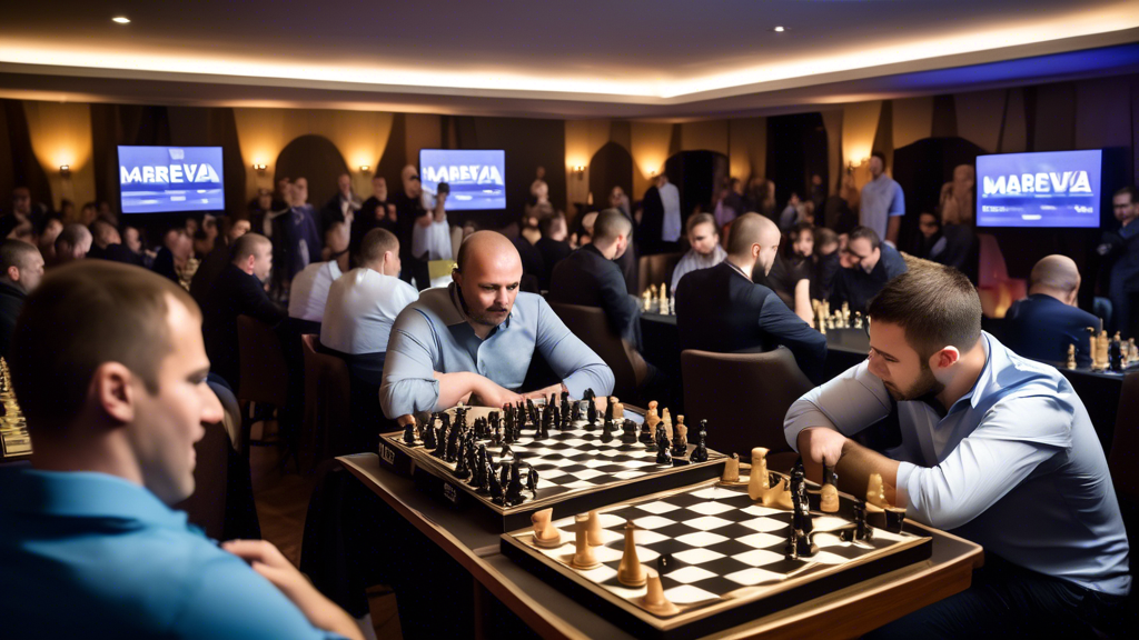 An energetic scene at the inaugural Kosovo CSWC qualifier hosted at the upscale Club Mareva, featuring competitors intensely playing chess in a modern, stylish venue. The players are surrounded by vib