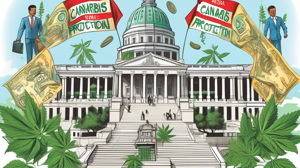 A detailed illustration of the Delaware State Capitol building with banners that read Cannabis Financial Protection Act hanging from its columns. In the foreground, there are diverse legislators shaki