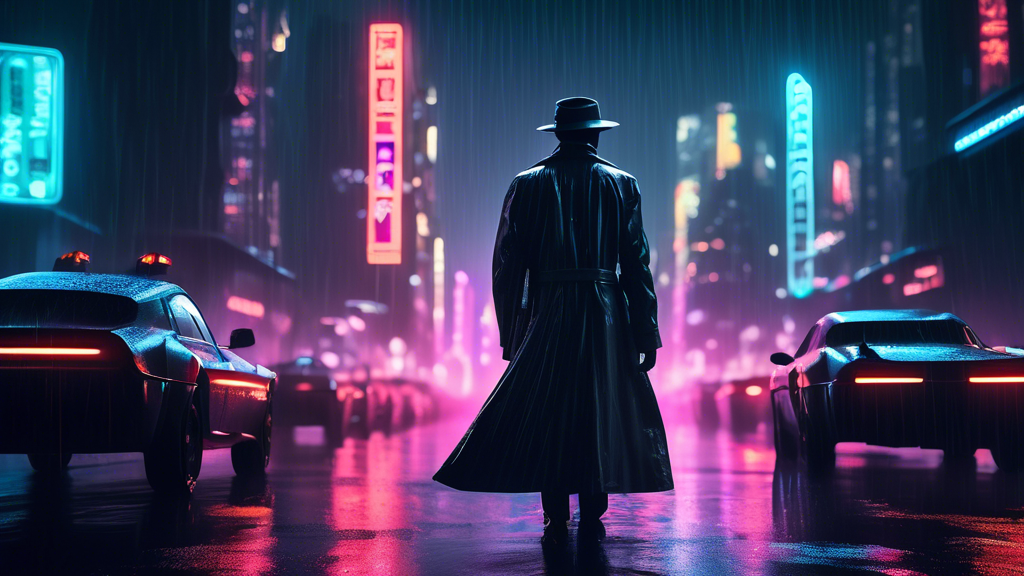 Create an image that depicts a futuristic, noir-style city at night. A mysterious figure in a long trench coat and hat stands in the rain, their face obscured by shadows. In the background, a sleek, f