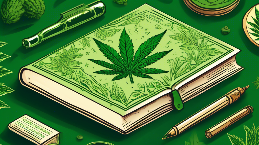 Create an image featuring an open book titled Understanding Marijuana: A Comprehensive Outline. The cover of the book should be visually striking with green hues and cannabis leaf motifs. Surrounding 