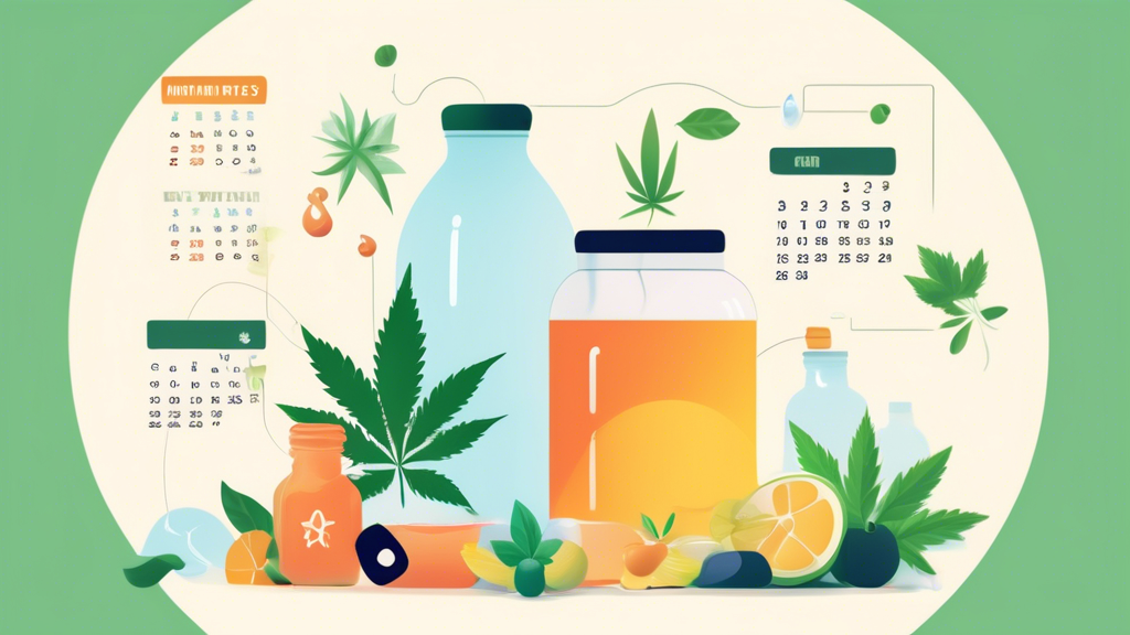 Create an image showcasing various marijuana detox methods for 2023. The scene should feature natural detox solutions like drinking water, consuming fruits and vegetables, herbal teas, and exercise. I