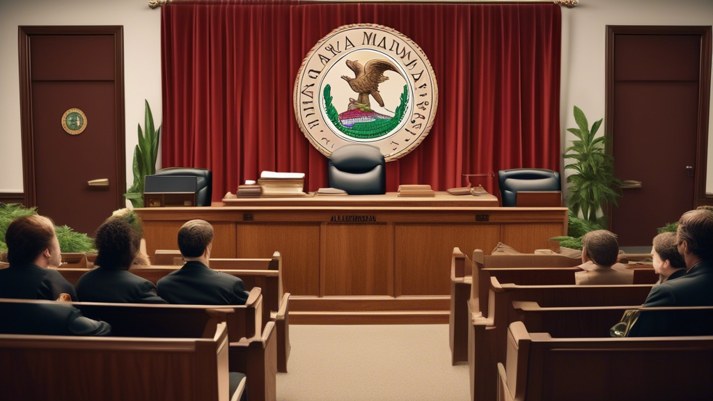 Create an image of a solemn courtroom scene in Alabama, featuring a judge behind the bench, a lawyer presenting a case, and the backdrop highlighting the state seal of Alabama. On one side of the imag