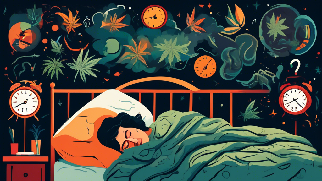 Create an image that illustrates sleep issues associated with marijuana withdrawal. The image should show a person lying in bed, surrounded by abstract representations of common sleep disturbances suc