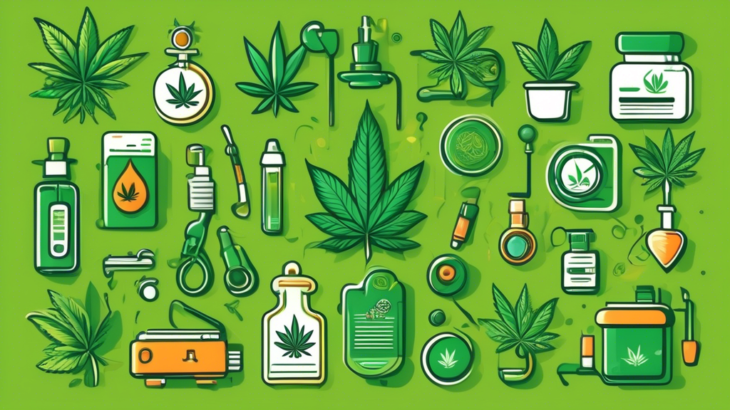 Create a vibrant illustration that combines various elements to represent the comprehensive benefits of marijuana. Include a healthy plant with lush green leaves in the foreground, and a backdrop feat