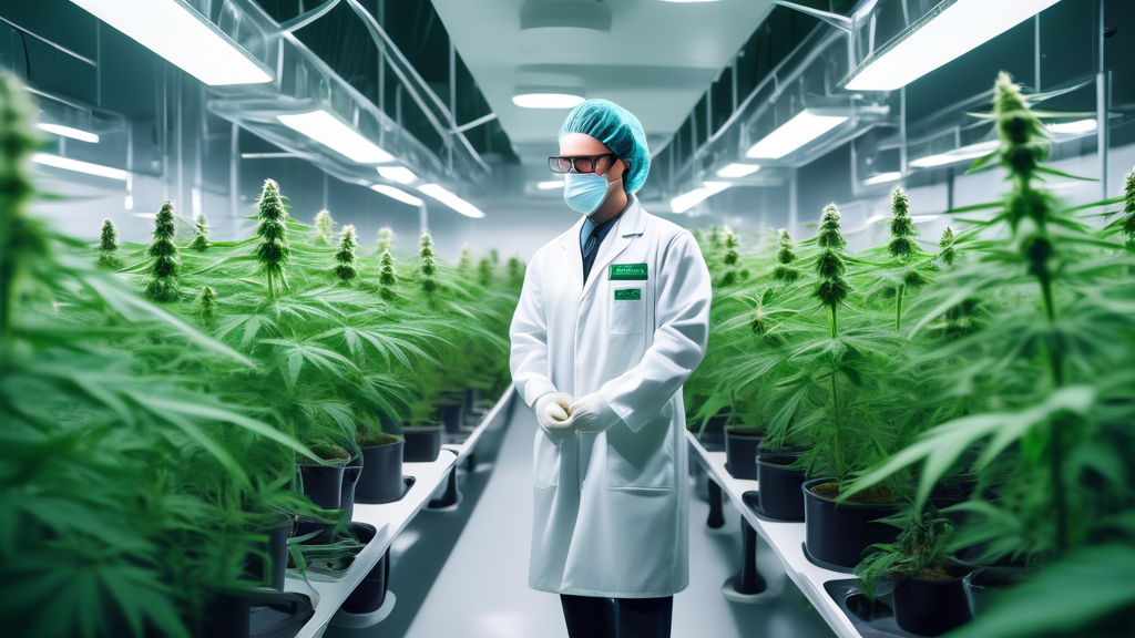 Create an image depicting a thriving marijuana production facility. Showcase diverse professionals in lab coats and casual attire working together amidst lush, green cannabis plants in a high-tech, cl