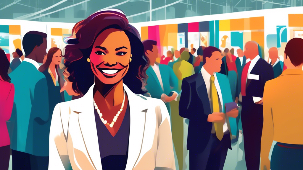 Create an image of a professional business woman standing confidently with a welcoming smile. She is amidst a backdrop of a bustling trade show floor, complete with vibrant booths, banners, and networ