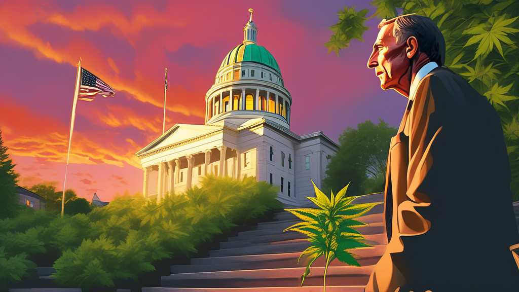 Create an image of Vermont Governor Phil Scott standing thoughtfully in front of the State Capitol, with a cannabis plant subtly growing near the steps. The sun is setting, casting a warm glow over th