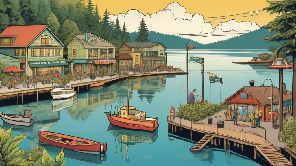 Create an illustration depicting the contrasting aspects of marijuana use and regulation in Gig Harbor. Show a peaceful, scenic town setting with a water harbor in the background. On one side, depict 