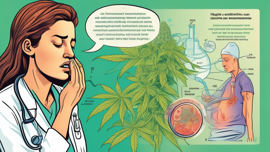 A detailed medical illustration depicting the symptoms and effects of Marijuana Hyperemesis Syndrome. The image should include a person experiencing nausea and vomiting, with a thought bubble showing 