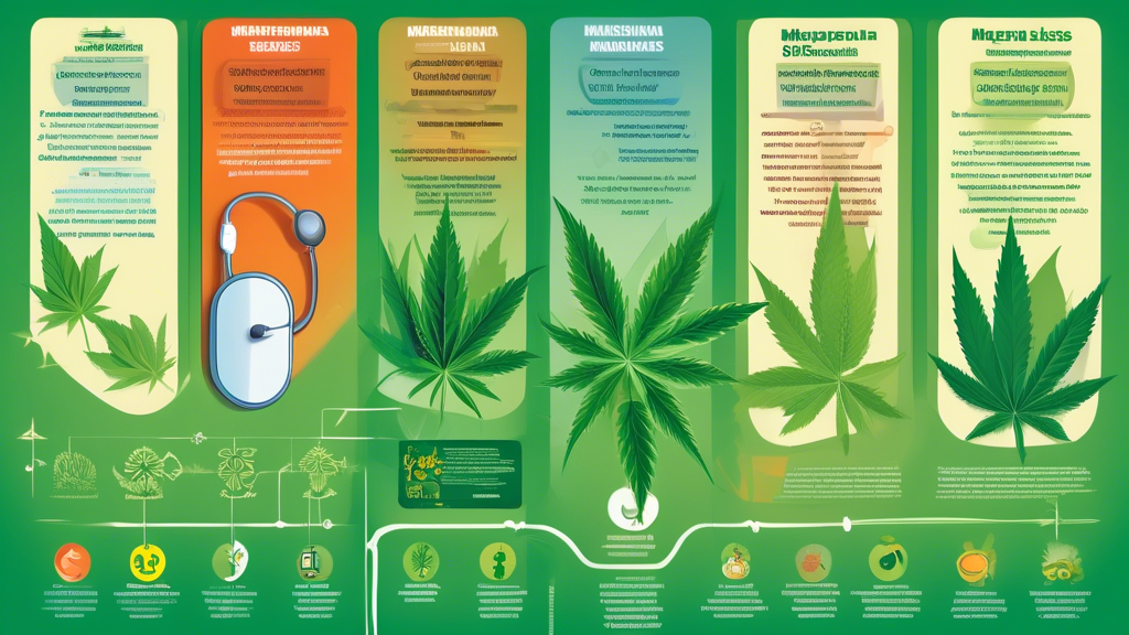 An infographic with three distinct sections illustrating important facts about marijuana: one showing the legal status across different states or countries, another explaining medical uses and potenti