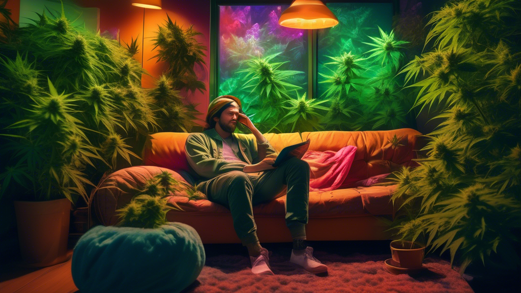 Create an image showcasing a serene and colorful indoor scene where a person is relaxing on a cozy couch, surrounded by lush, green marijuana plants. The person is examining a vibrant, flowering Kush 