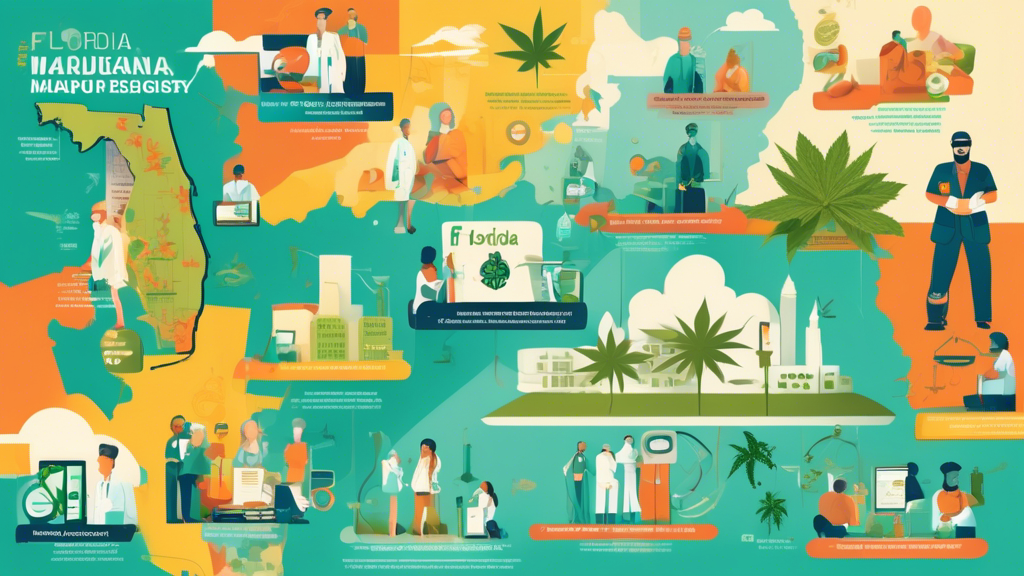 An illustrated infographic detailing the steps to register for the Florida Marijuana Registry with icons representing medical professionals, patients, and legal documents, set against a backdrop of the Florida state map.