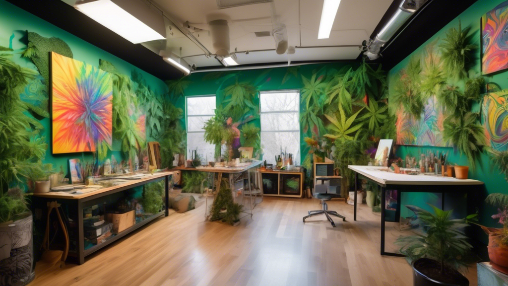 An intricately designed art studio filled with vibrant marijuana-themed artwork. The room is bathed in natural light, streaming through large windows, illuminating paintings, sculptures, and digital s