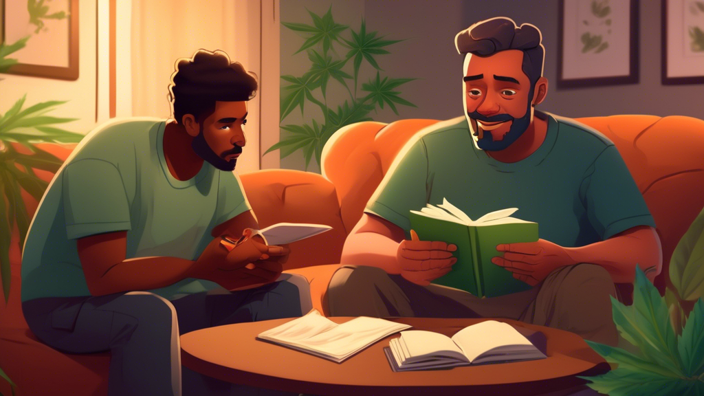 A heartfelt scene of a father and adult son sitting on a cozy living room couch, engaged in an open and respectful conversation about cannabis. The father looks attentive and understanding, while the 