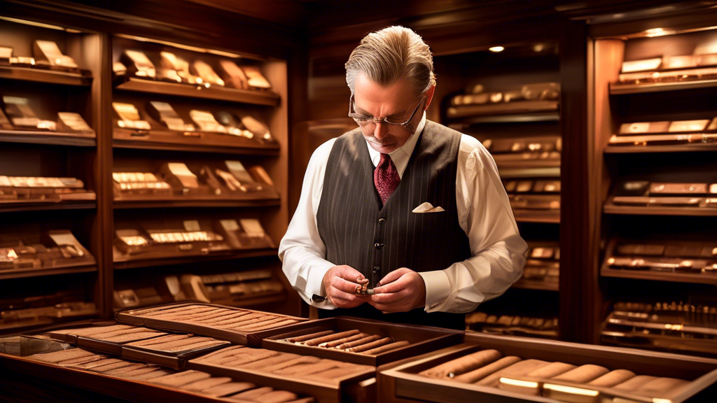 An experienced tobacconist carefully inspecting a premium cigar in a sophisticated humidor room filled with wooden shelves lined with various cigars. The backdrop showcases detailed cigar accessories 