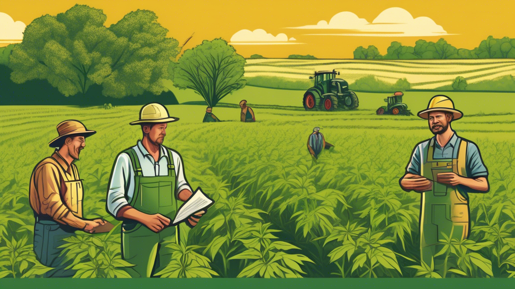 Create an illustration that depicts the landscape of Iowa with farmers actively working in hemp fields. Show the farmers in modern agricultural gear, alongside freshly planted hemp crops. Include regu