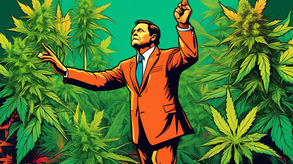 Create an illustration depicting a challenging entry into the Florida marijuana market. Highlight high costs with symbols like dollar signs and roadblocks. Include an authoritative figure resembling G