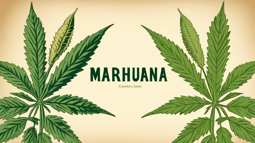 Create a split-screen image that visually represents the differences between Marijuana and Marihuana. On one side, show a modern, scientific representation of cannabis, with vibrant, green leaves and 