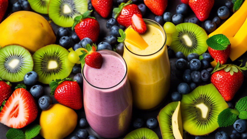 Create a vibrant and refreshing image of a fresh fruit smoothie. The smoothie should be in a tall glass filled to the brim with a colorful mix of blended fruits like strawberries, bananas, blueberries