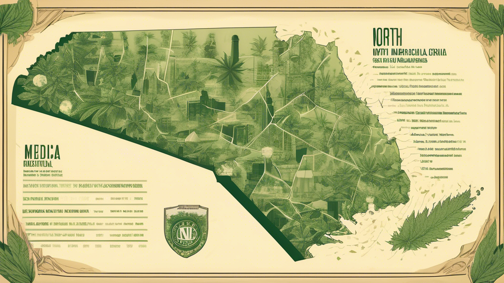 Create a detailed illustration depicting the legal landscape of marijuana in North Carolina. Show a map of North Carolina with significant cities highlighted, overlaid with symbols representing laws a