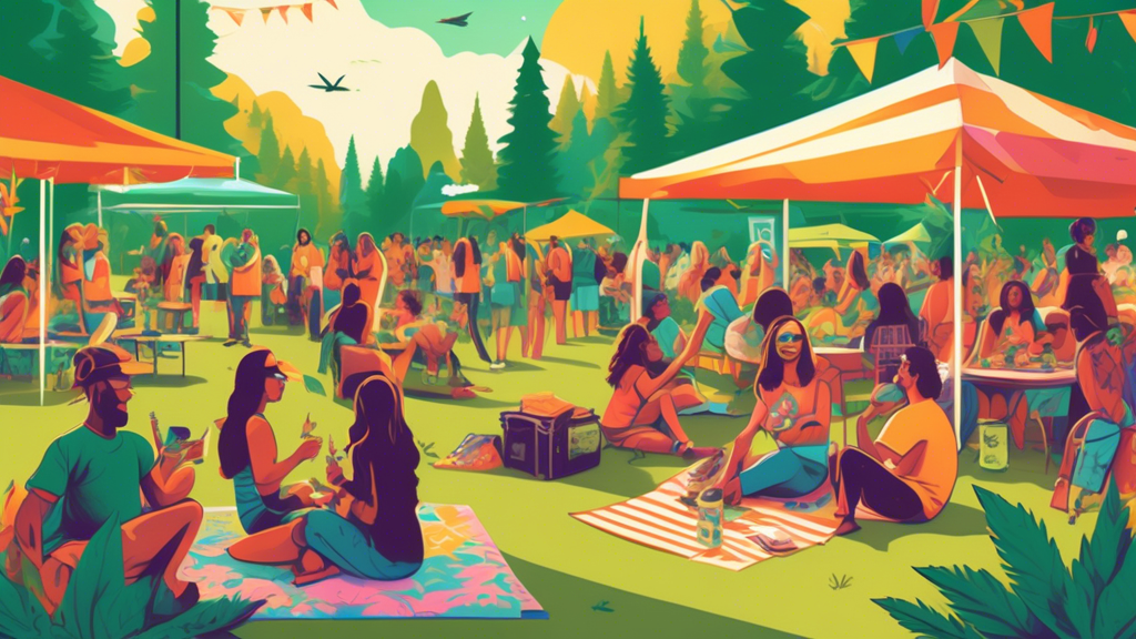 Create a vibrant and inviting image of people enjoying a local marijuana event in a park. Show groups of friends lounging on picnic blankets, engaging in friendly conversations, and sampling cannabis 