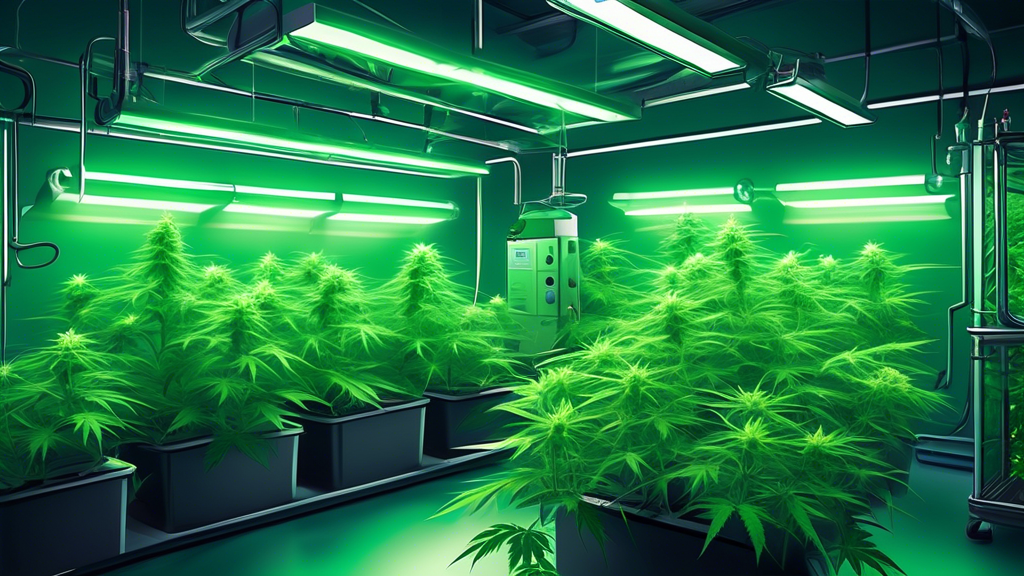 Create an image of a high-tech indoor marijuana grow house with vibrant green cannabis plants flourishing under specialized LED grow lights. The room should feature advanced hydroponic systems, climat