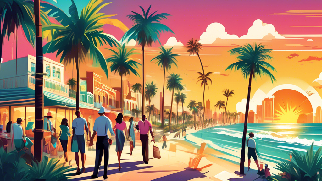 Create an image of a bustling Florida landscape with palm trees and sunshine, featuring trendy marijuana dispensaries with colorful signage and a diverse group of happy customers. Incorporate a sense 