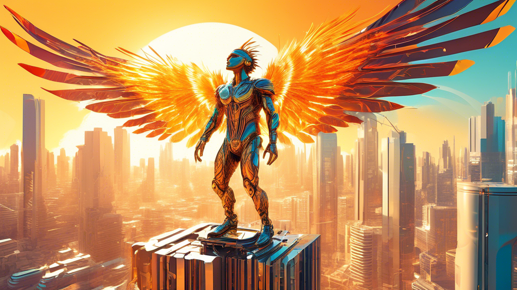 Create a vibrant and dynamic digital illustration inspired by Jake Wyatt's 'Icarus,' showcasing a modern reinterpretation of the classic Greek myth. Depict a young figure soaring close to the sun with