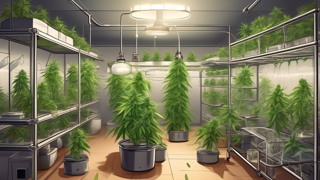 Create a detailed illustration of an indoor drying room specifically designed for cannabis, featuring hanging plants, properly organized drying racks, and monitoring equipment. Show a farmer or expert