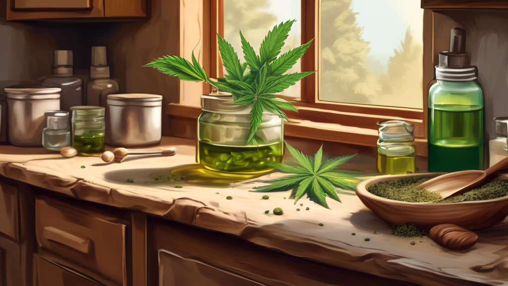 Create a detailed illustration of a rustic kitchen setting with natural light, focusing on a countertop where the process of making marijuana oil is taking place. Include ingredients like fresh mariju