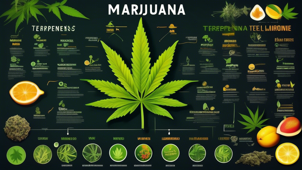 Create a detailed and colorful infographic illustration that explains the different types of marijuana terpenes, their unique effects, and associated aromas. Include visual representations of common t