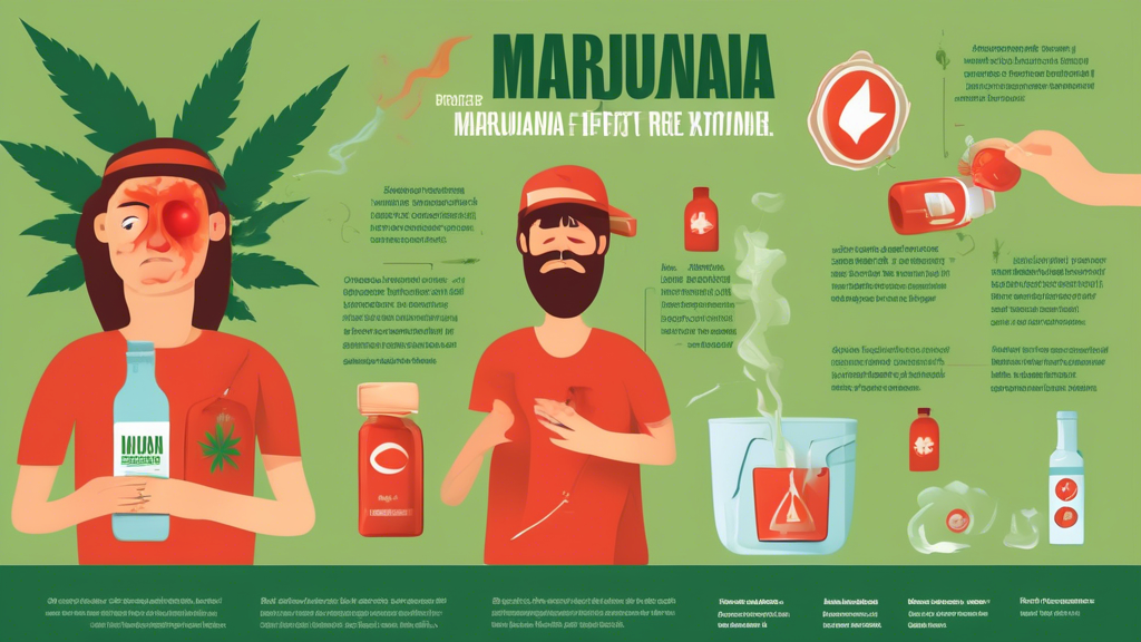 Create an informative illustration depicting the effects of marijuana intoxication and providing safety tips. Include images of a person experiencing common symptoms like red eyes, dry mouth, and rela