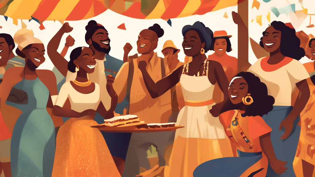 Create a DALL-E prompt for an image:

Create an illustration that captures the essence of Juneteenth, a significant day in American history. The scene should depict a diverse group of people celebrati