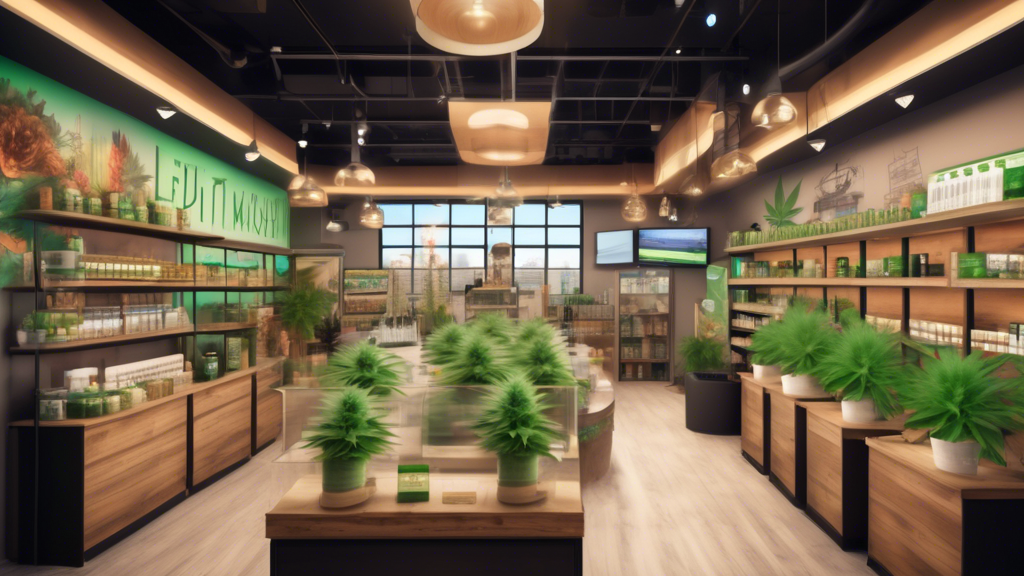 Create an image of a bustling Michigan cannabis dispensary filled with diverse customers and employees. The background should include prominent landmarks or symbols representing Michigan, such as the 