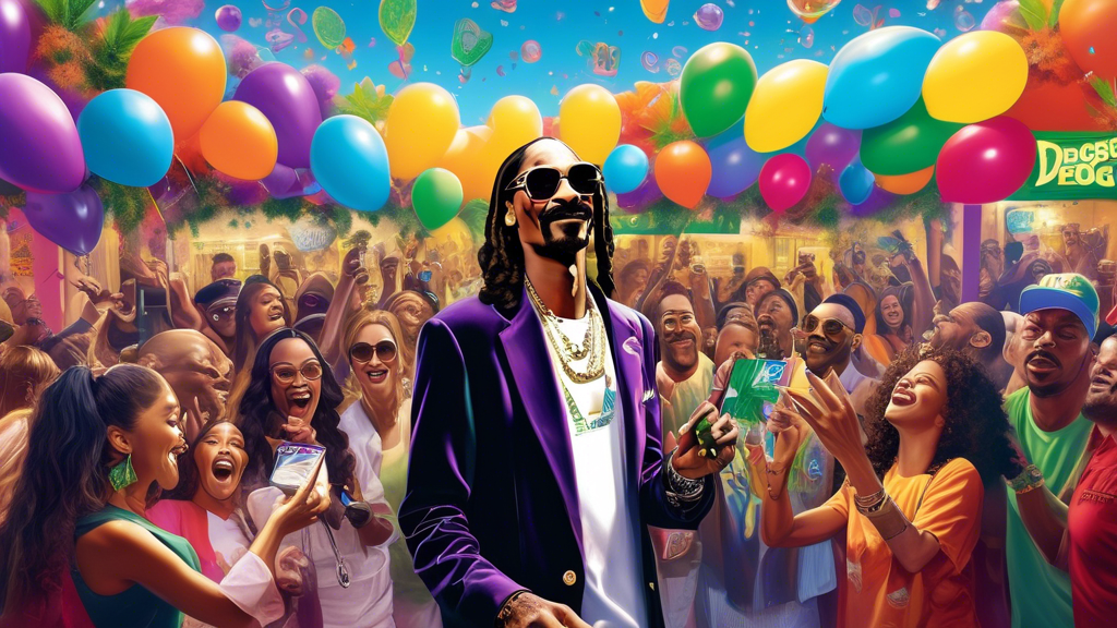 Create a vibrant, celebratory scene depicting Snoop Dogg at the grand opening of his first licensed cannabis retail outlet in Los Angeles. The backdrop should be a modern, stylish store with a promine